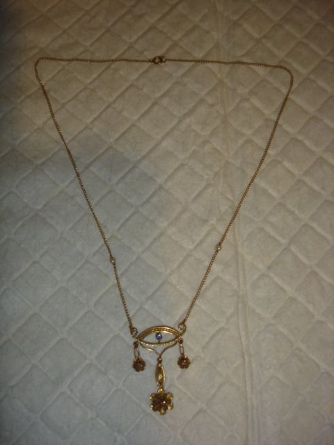 ART NOUVEAU 14K. Y/G Necklace PENDANT W/NATURAL STONES  