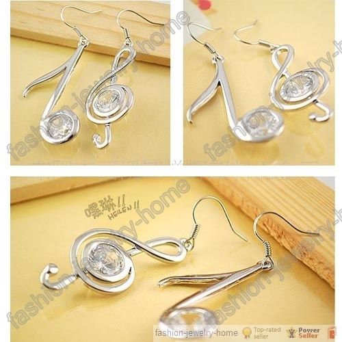 Silver Color Crystal Music Symbols Dangle Earrings  