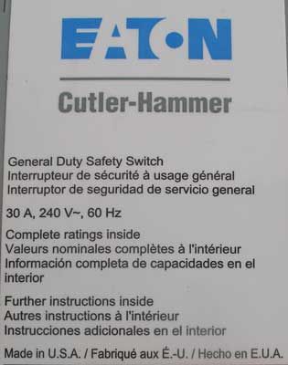 New Cutler Hammer DG221NGB Fusible Safety Switch 30A 240VAC Nema 1 