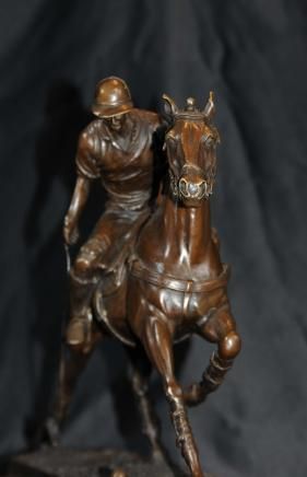 Bronze Polo Player Horse & Jockey Statue Signed  