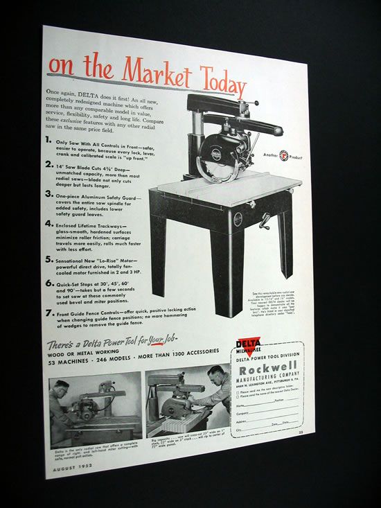 Rockwell Delta Milwaukee Radial Saw 1952 print Ad  