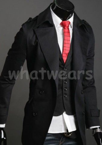 Mens New Style Collar Double Breasted Trench Coat Black 3 Size Z1290 