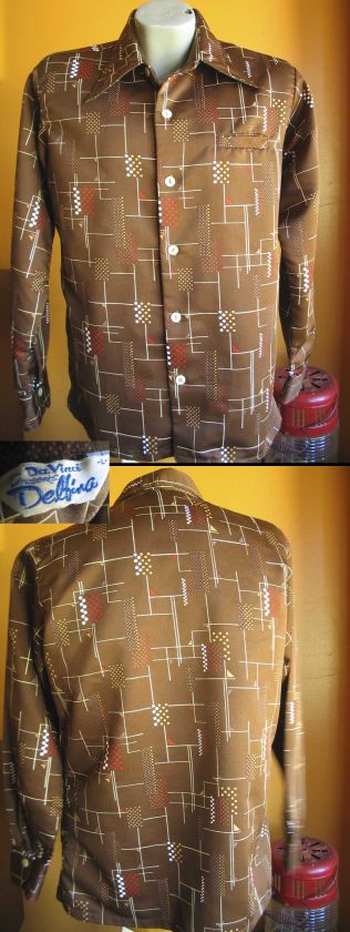 Vtg 70s Mens WILD POLYESTER DISCO SHIRT MENS TIGHT LARGE L  