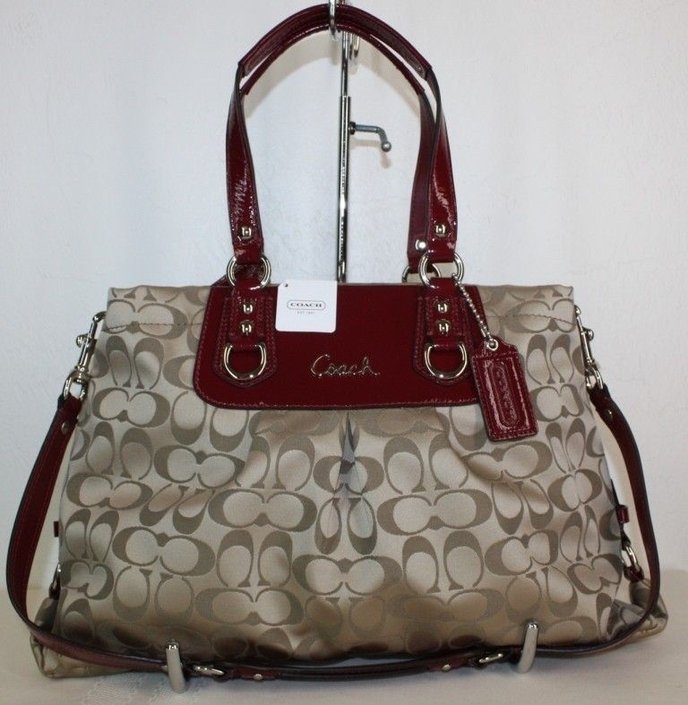   ASHLEY SATEEN CARRYALL TOTE KHAKI GARNET RED 15510 $358 NEW  