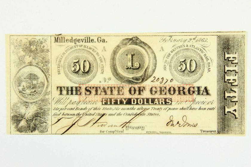 1863 Fifty Dollar $50 Bill State of Georgia Milledgeville Obsolete 