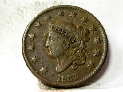 1833 VF+ CORONET HEAD LARGE CENT ID#K356  