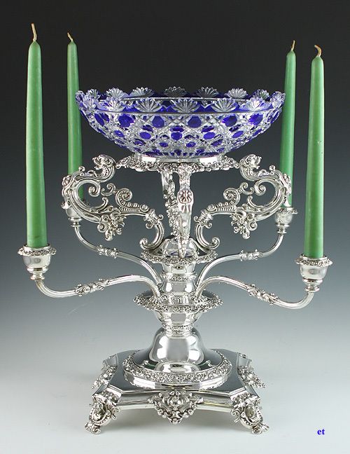 EXCEPTIONAL 1840s FRENCH STERLING & GLASS CENTERPIECE  