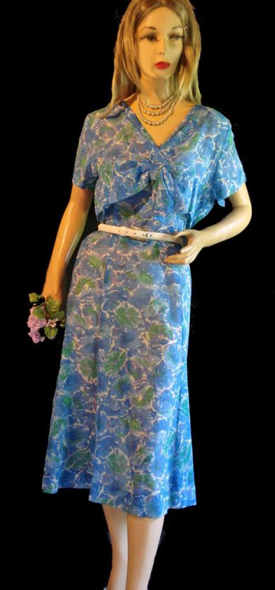 VTG 50s SEXY SHEER AQUA FLORAL GARDEN PARTY DRESS XL  