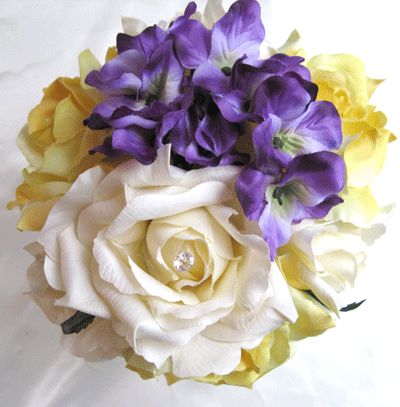 17pc Bouquet wedding flowers IVORY YELLOW PURPLE  