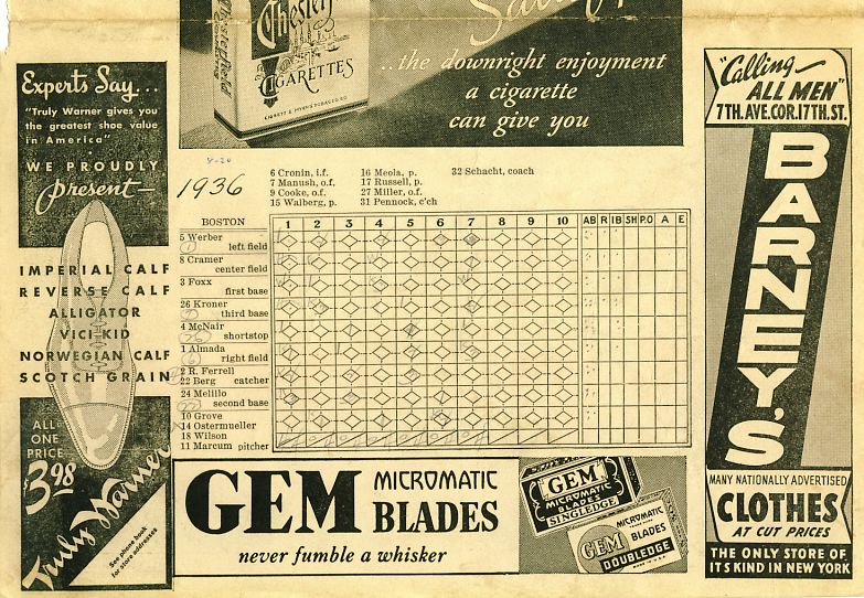   DiMAGGIO ROOKIE SCORECARD YANKEES vs. BOSTON RED SOX 8/20/36  