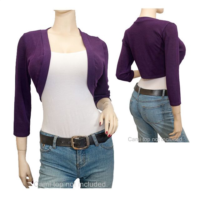 Plus Size Purple Hot 3/4 Sleeve Cropped Bolero Shrug  