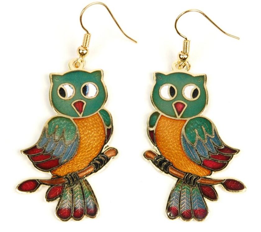 CLOISONNE EARRINGS GREEN OWL Chinese Filigree Jewelry  