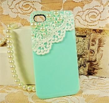 New Green Bling Pearl Cute Lace Deco Sweet Case Cover for iPhone 4 4G 