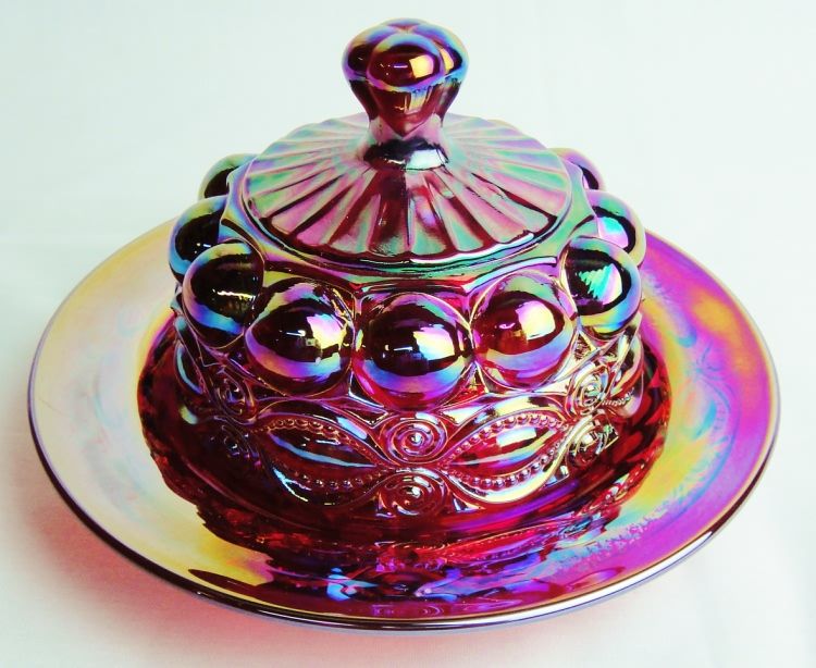 Ruby Red Carnival Glass Eye Winker Pattern Butter Dish  