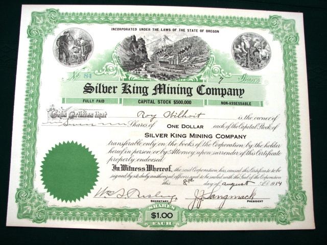 Original 1914 certificate. Roy Wilhoit owned 7 shares. Excellent 