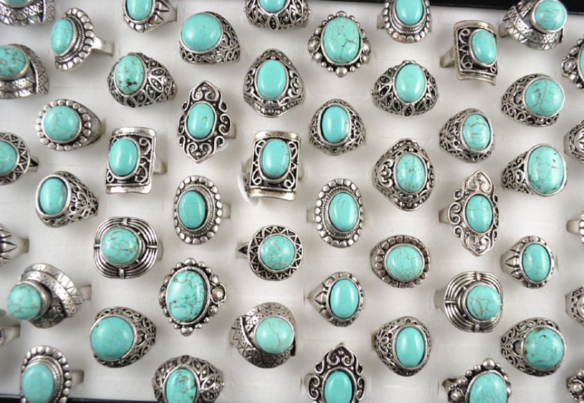 Wholesale Lots 10pcs Antique Silver Plated Vintage Turquoise Stone 