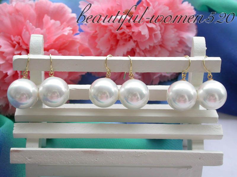 wholesale 3pair 16mm round white south sea shell pearl dangle earring 