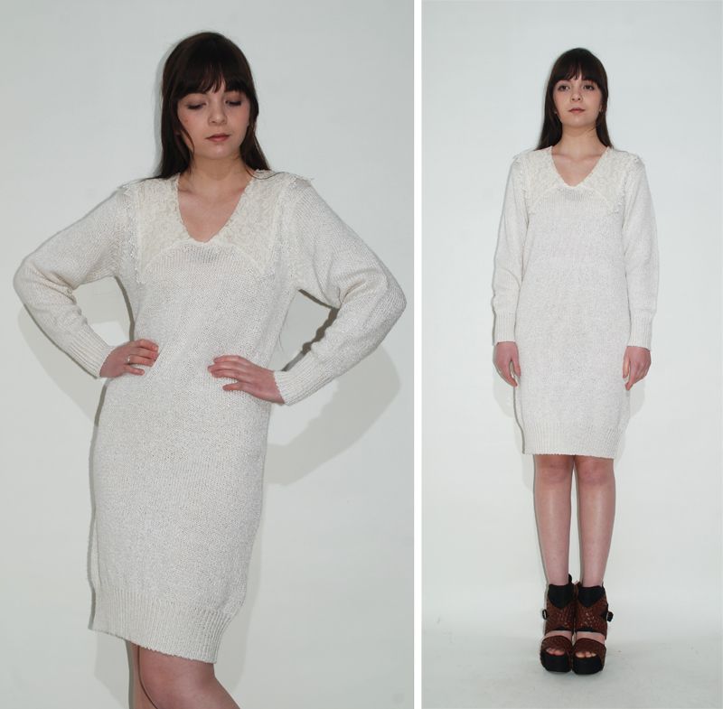   IVORY White Cream LACE COLLAR Knit Jumper Sweater DRESS XS   S  