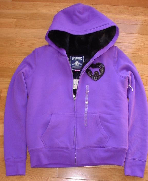   LOVE PINK Fashion Show bling DEEP PURPLE HOODIE FUR M Medium  