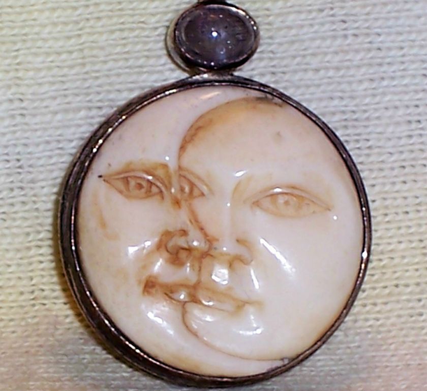   Sterling Faux Ivory FACES in the SUN & MOON w QUARTZ Pendant  