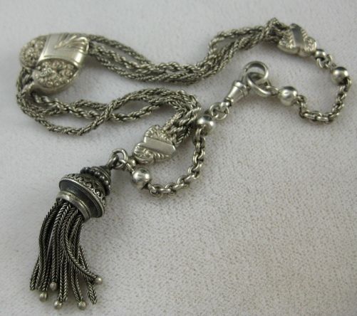 VICTORIAN SILVER HEART ALBERTINA TASSLE BRACELET   C1900  