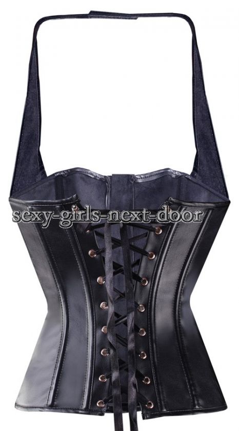 Black Bonded Leather CORSET Neck Cross Bustier Goth 5XL  