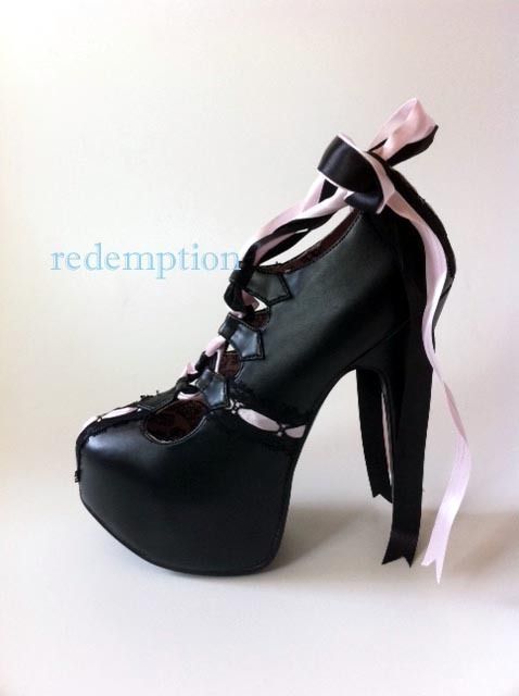 Lolita Anime Pop Ribbon Black/Pink lace Up Goth Heels 9  