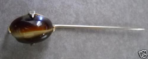 VINTAGE COSTUME JEWELRY BRN GEM 2 1/2 SILVER HAIR PIN  