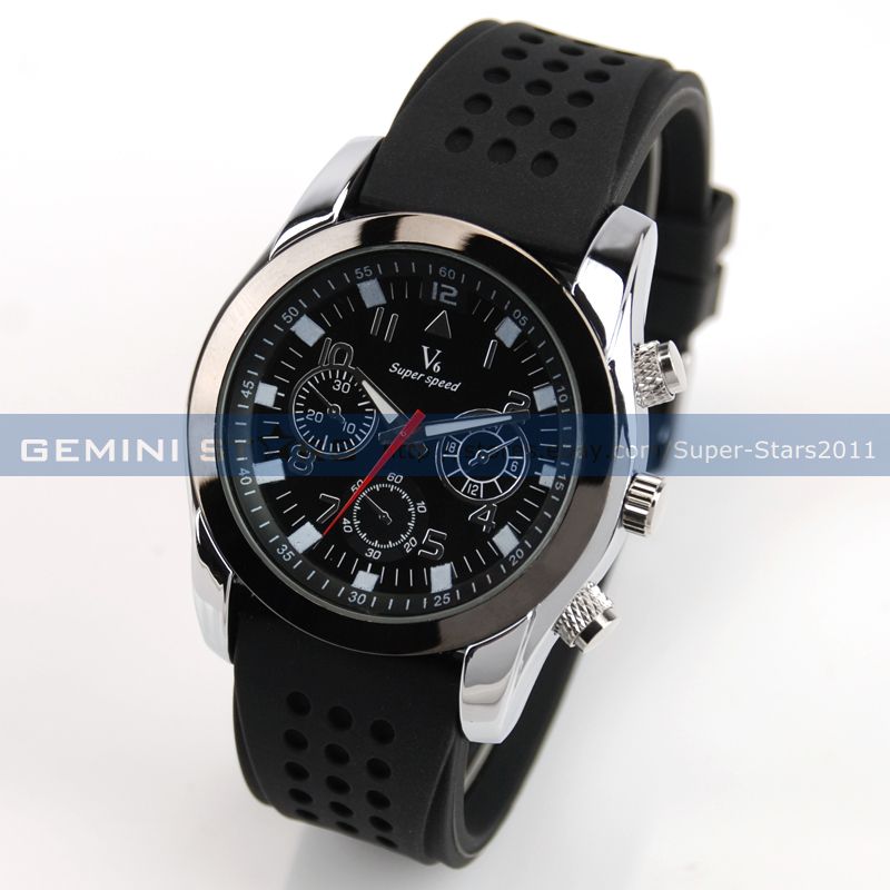 V6 Fashion Black Arabic Numerals Rubber Men Boy Outdoor Sport Quartz 