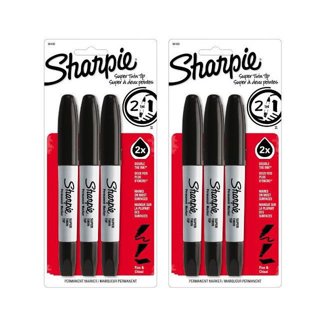 Sharpie Super Twin Tip Permanent Markers, Fine/Chisel, Black Ink, 6 