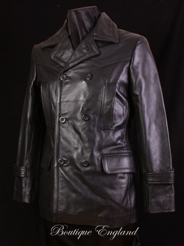 Mens DR Black Leather UBoat Reefer Jacket Pea Coat  