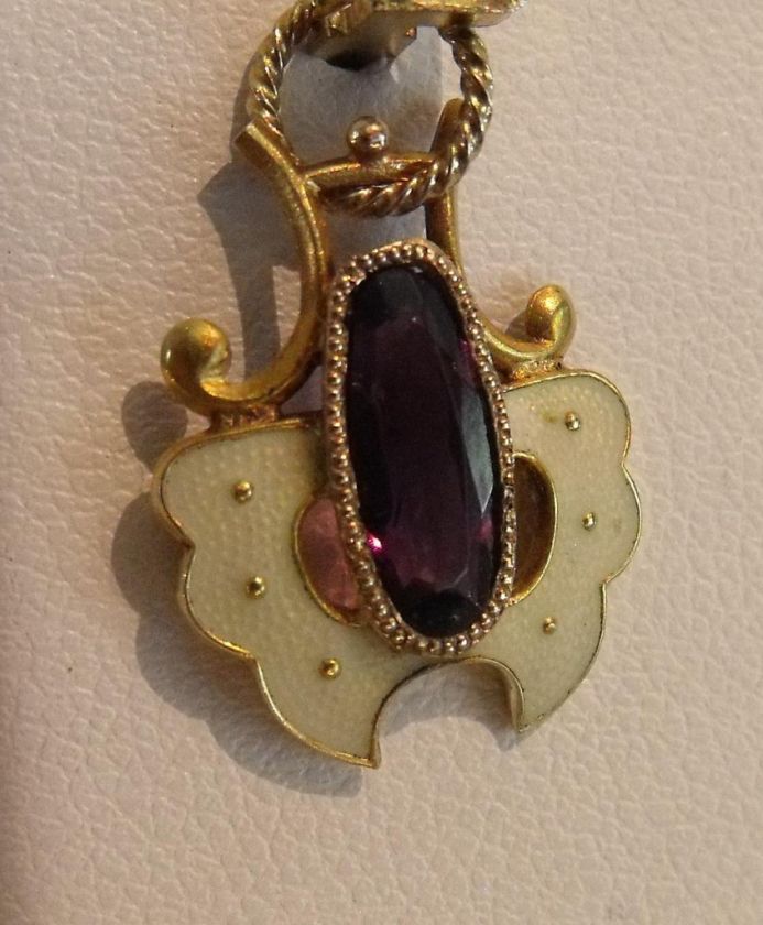 14K GOLD ART NOUVEAU AMETHYST GUILLOCHE CHARM PENDANT  