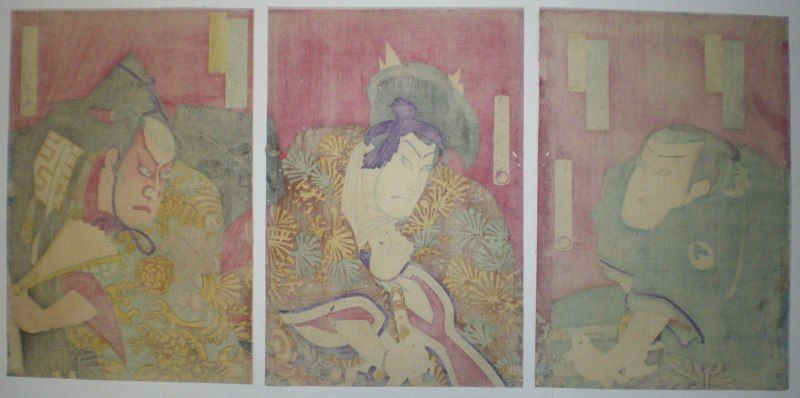 19c Japanese Woodblock Print Triptych By Kunichika  