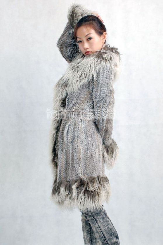 Rabbit Fur Knitted Jacket with Tibet Sheep Fur trimmed  