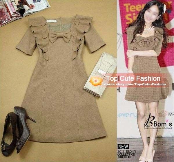 Elegant Ruffled Autumn Winter Bow Dress Size S M L XL KHAKI  