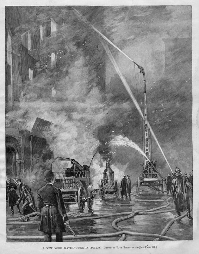 FIREFIGHTING, FIREMEN, ANTIQUE WATER TOWER, HOSE LADDER  