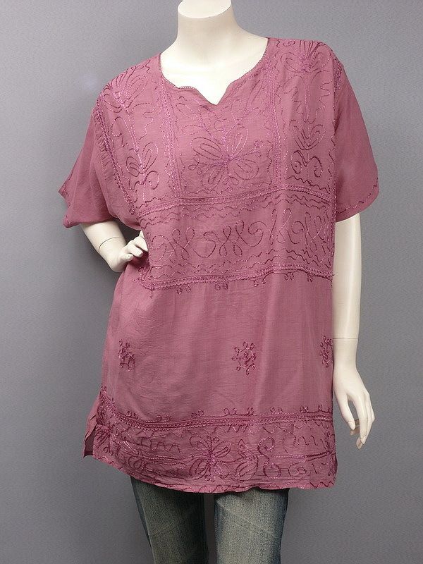 Dark Pink Split Neckline Embroidered Top Tunic L  