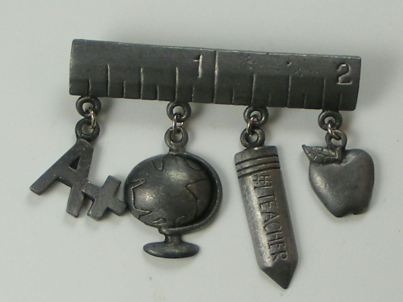 Pewter School Charm Pin, Ruler, Apple, Globe + (B27)  