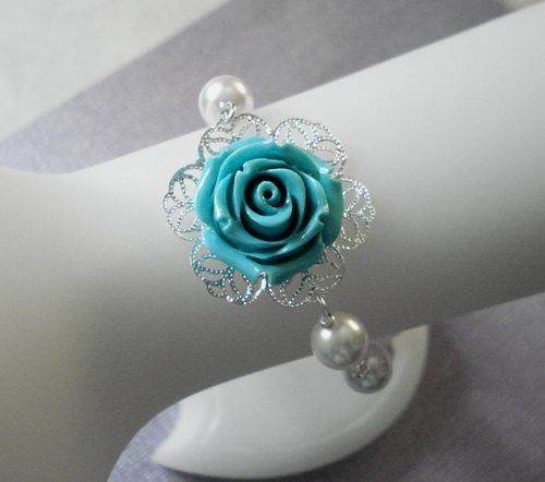 Teal Blue Coral Carved Rose flower Pearl Silver Bracelet  