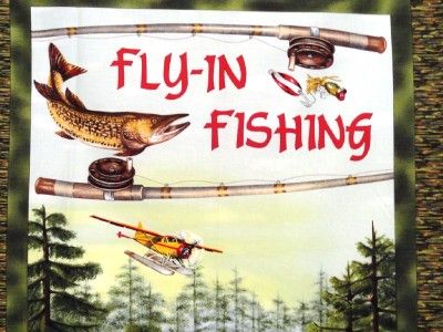   Fishing Airplane Canoe Trees Waterfall River Fish Fabric Panel  