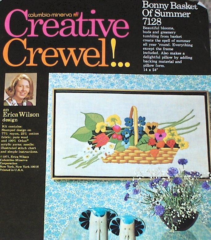 1971 Erica Wilson Bonny Summer Basket Crewel Kit 14x24  