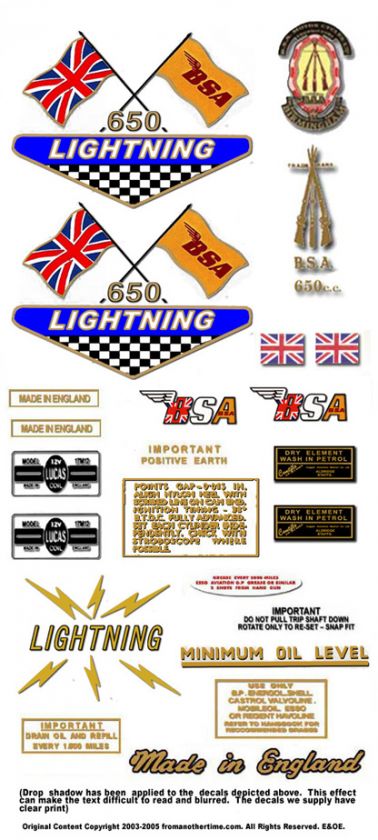 BSA A65 Lightning Decals  All Models 1964 71  FULL SETS  