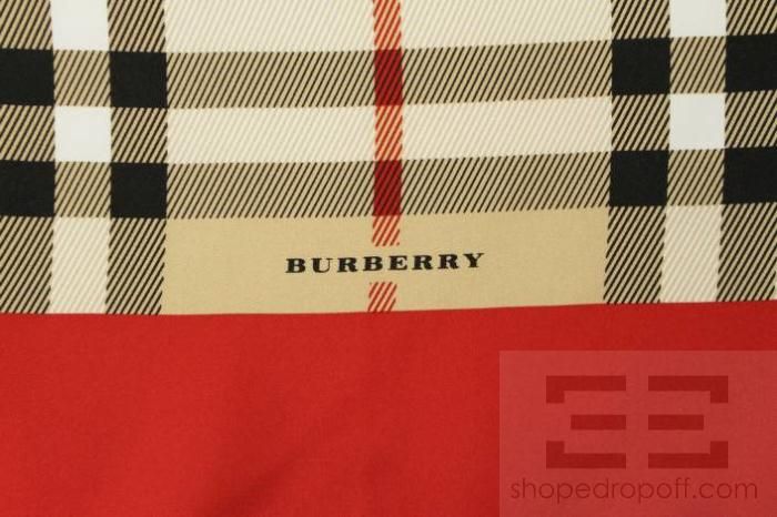 Burberry Red & Tan Silk Check Print Small Square Scarf  