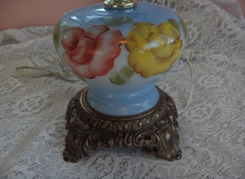   Victorian Style Glass Globe Hurricane Blue Table Lamp Red Yellow Roses