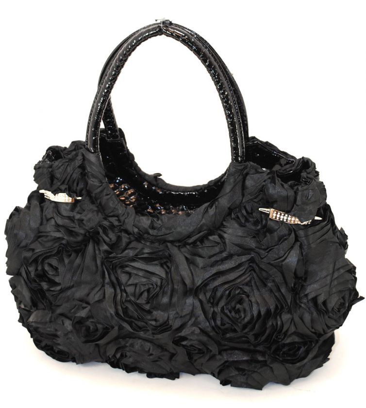 New 2pc. Satin Roses & Snake Trim Satchel & Flat Wallet Set, Black 