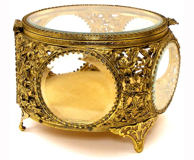   ORMOLU BEVELED GLASS FILIGREE JEWELRY CASKET, TRINKET BOX  