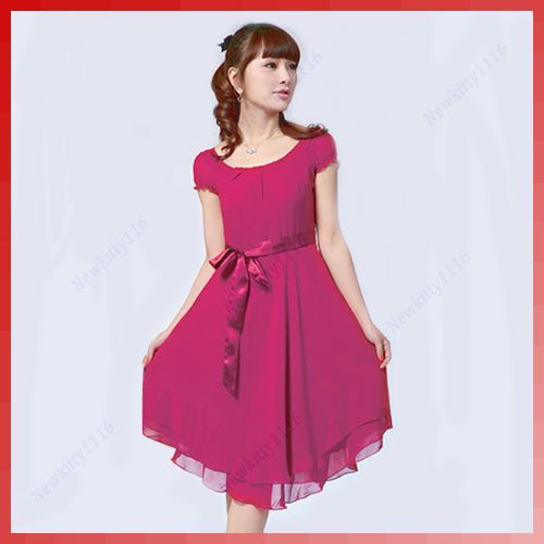 Women Chiffon Scoop Neck Tunic Short Sleeve Slim Dress  