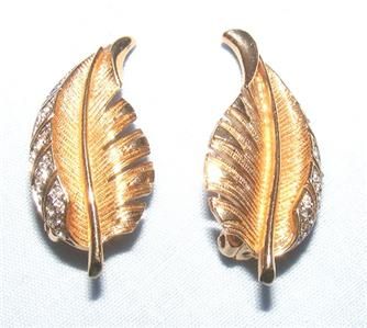   GOLDTONE LEAF WITH RHINESTONES CLIP ON EARRINGS PAT. 156452  