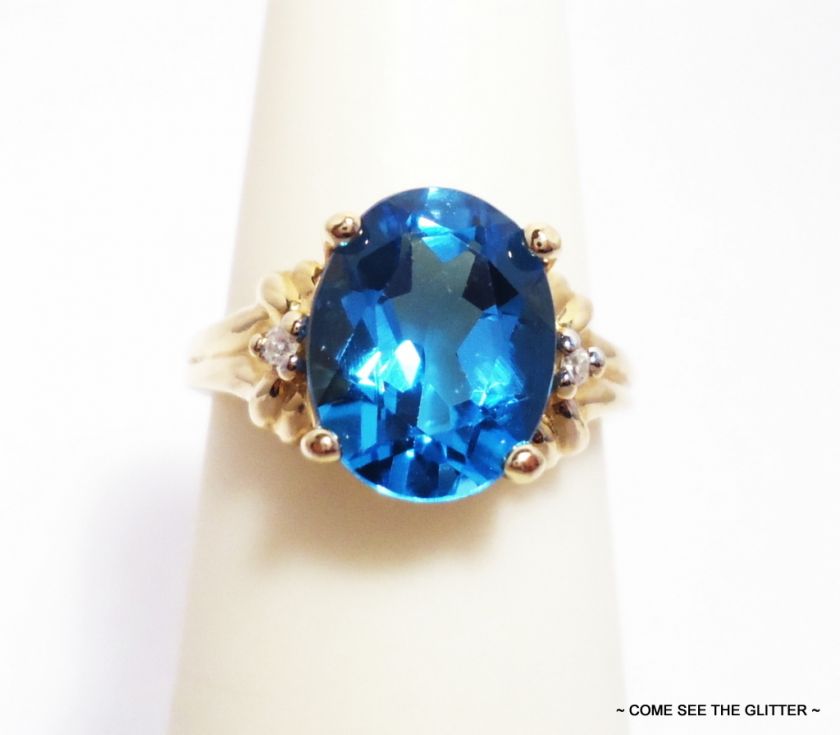 Oval Shaped London Blue Topaz w/ Diamonds 10kt Yellow Gold Estate Ring 