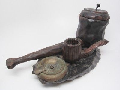   vintage JUMBO Pipe Tobacco WOOD Match holder Copper Ashtray Unusual